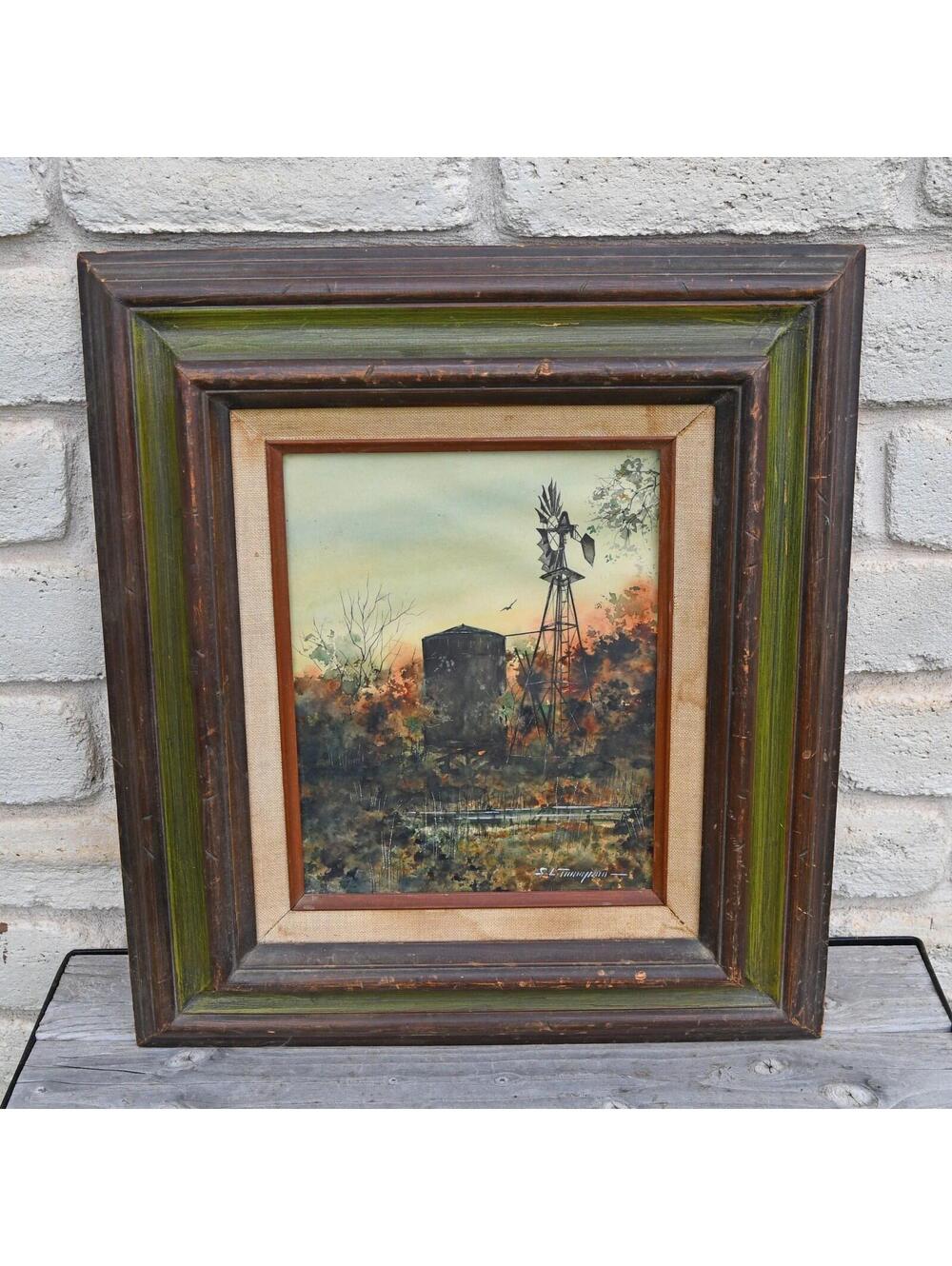 Original Watercolor S L Thompson San Antonio Texas Windmill Tank Farm Landscape